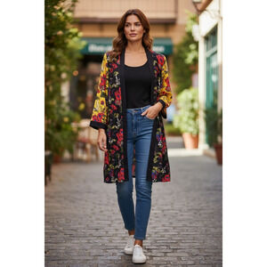 4317)Susan Graver Bold Multicolor Floral Print Open Front Kimono Cardigan Large